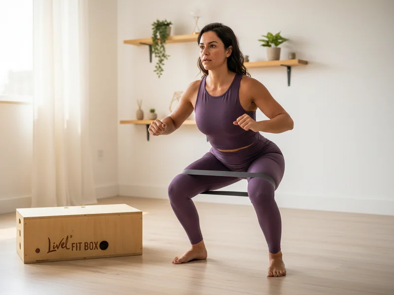 Mulher fazendo agachamento com elástico na coxa em casa
