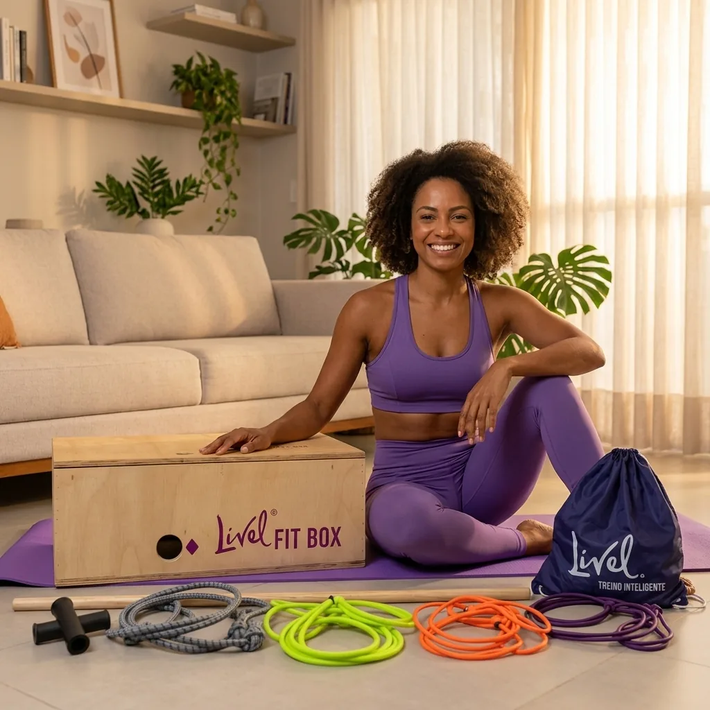 Mulher ao lado do Kit FitBox Livel com todos os componentes: elásticos, colchonete, manoplas, bastão e bag