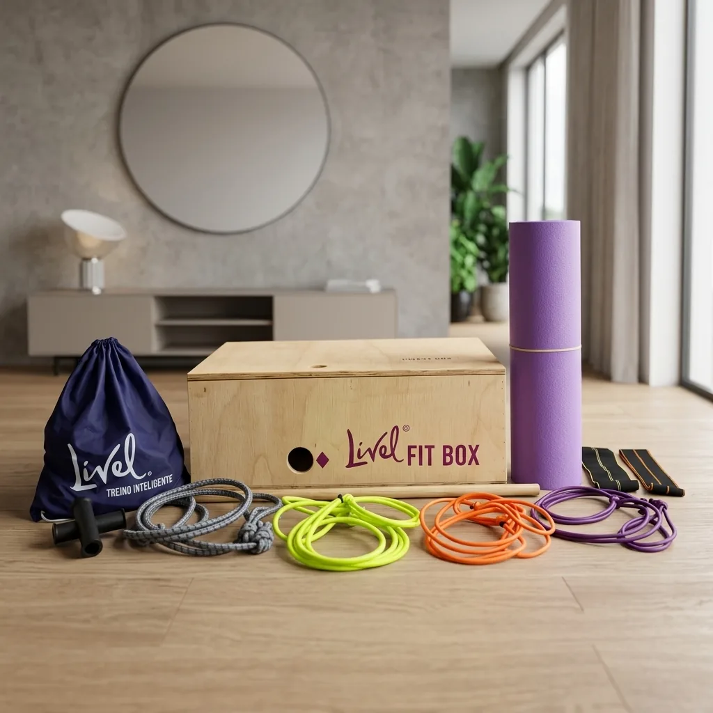 Componentes completos do Kit FitBox Livel: caixa multifuncional, elásticos coloridos, colchonete roxo, manoplas, bastão e bag
