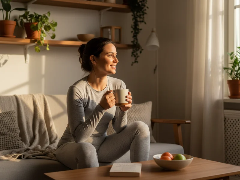 Pessoa sorrindo e tomando café no conforto de sua casa vestindo roupas de performance desportiva.