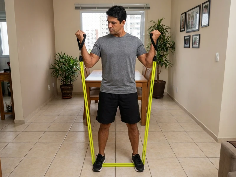 Homem treinando com elásticos tubulares amarelo neon e handles do Kit FitBox Livel em casa