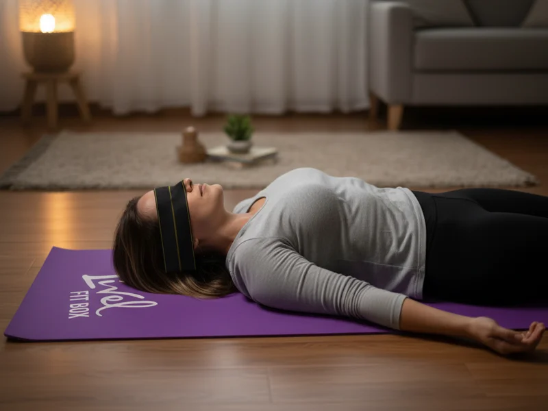 Mulher em postura de Shavasana com cinta elástica sobre os olhos, relaxamento profundo