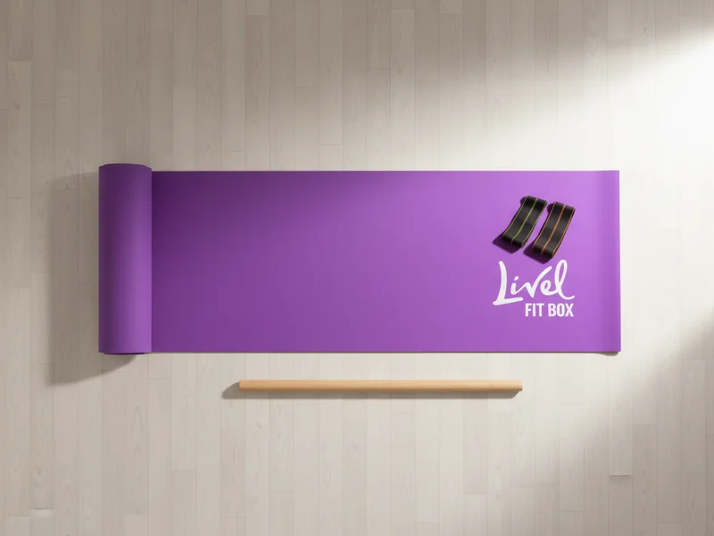 Kit FitBox Livel com colchonete, cintas elásticas e bastão de madeira organizados para prática de yoga